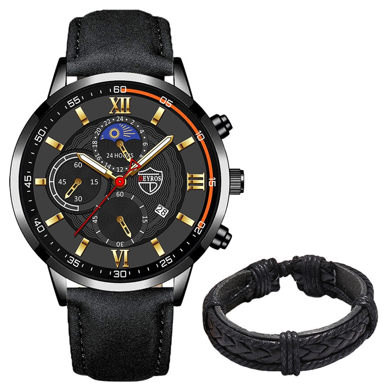 Luxurious Leather Watch & Bracelet Set
